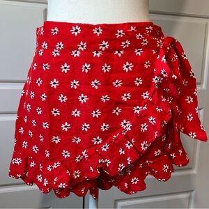 Floral Mini‎ Skirt Red Ruffle Hem Tie Waist Summer Beach Cute